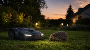 Ein Mähroboter steht bei Dämmerung auf einer Rasenfläche. Daneben befindet sich ein Igel. Im Hintergrund sind ein Garten, Beleuchtung und ein Wohnhaus zu sehen.