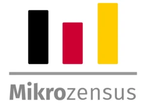 Logo des Mikrozensus mit drei senkrechten Balken in Schwarz, Rot und Gelb sowie dem Schriftzug „Mikrozensus“.